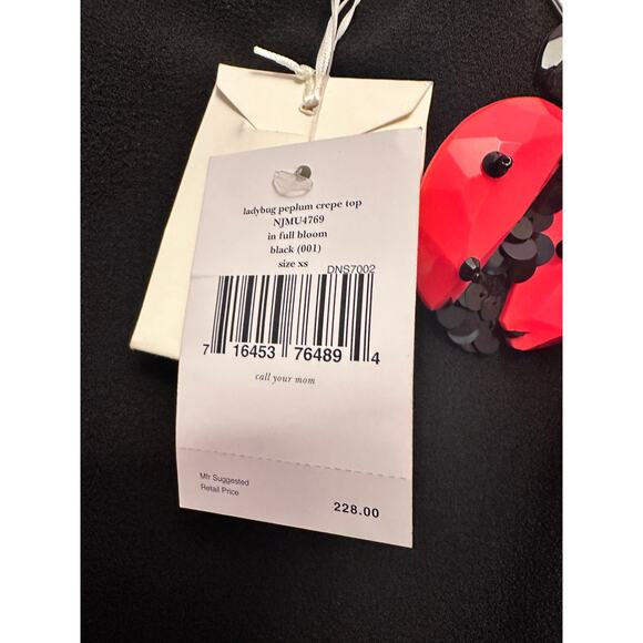NWT Kate Spade Rhinestone Embellished Lady Bug Peplum Top XS - Picture 4 of 5